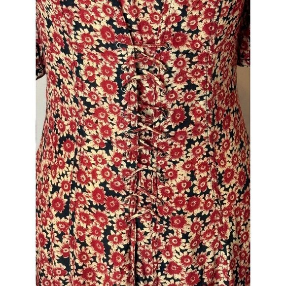 Free People Dress Women XS Red Black Floral Print Corset Lace‎ Up Mini Boho - Picture 10 of 13